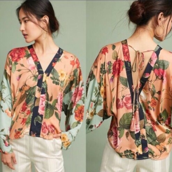 Anthropologie Tops - Farm Rio Floral Rose Kimono Blouse Peach Green